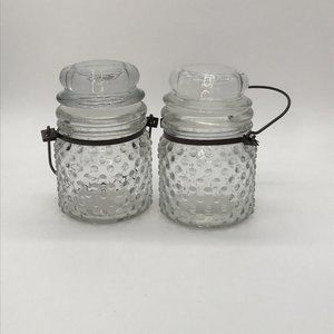 Set of 2 Clear Heavy Glass Hobnail Jars w/Metal Handle and Lid 6" tall like new